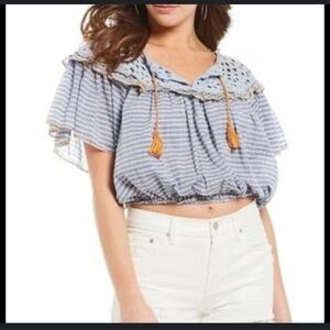 Nwt Free people boho peasant top blouse crotchet tassel XS summer navy